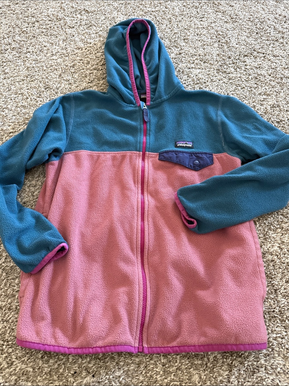 Girls Patagonia Hooded Colorblock Fleece Jacket - Teal, Pink & Purple Trim